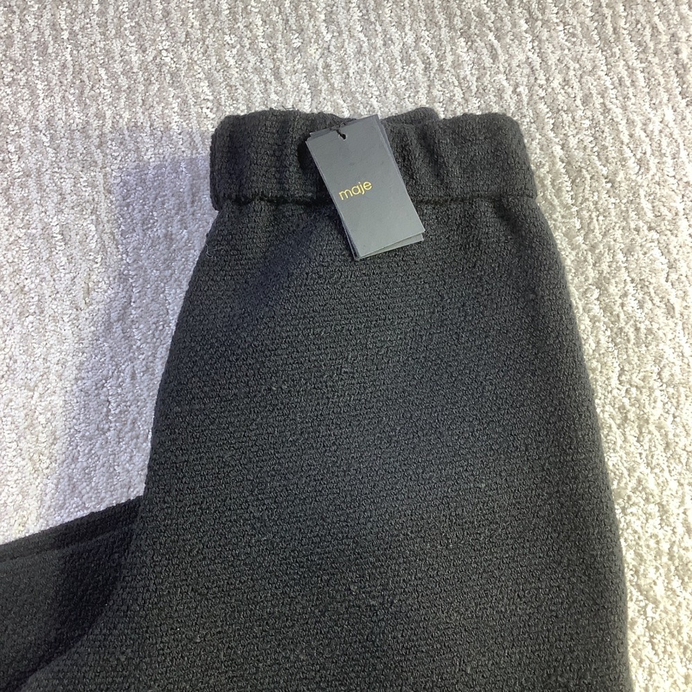 Maje Black Wide Leg Wool Blend Knit Trousers Gold Button Pockets Size 34 NWT